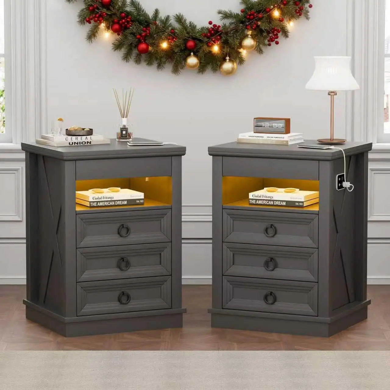 Farmhouse Nightstand Set w/ Charging Station - Image 3