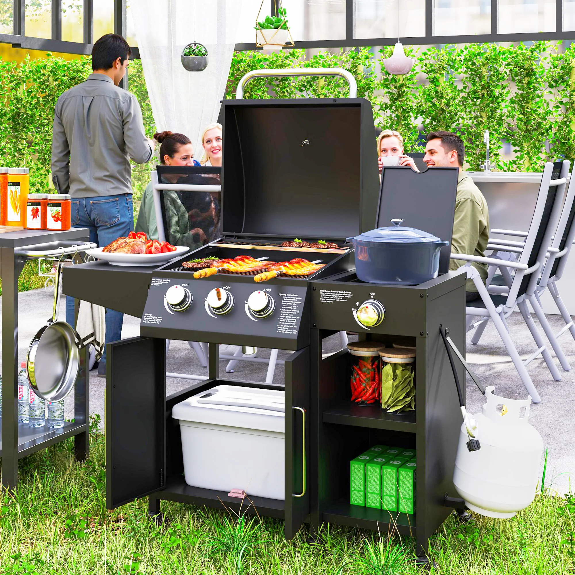 Gas Grill with Side Burner and Shelves - Image 1